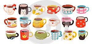 Cups of tea and coffee drinks set. Cute trendy hand drawn mugs with ornaments. Ceramic Crockery. Flat vector illustration
