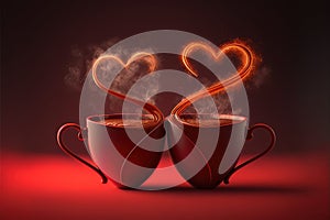 Cups of tea or coffee with steam in two heart shape. Generative AI