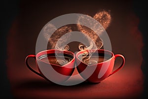 Cups of tea or coffee with steam in two heart shape. Generative AI