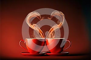 Cups of tea or coffee with steam in two heart shape. Generative AI