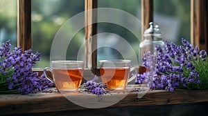 cups of tea and lavender flowers