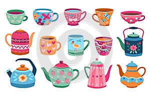 Cups and teapot. Scandinavian kitchen cup, trendy colored coffee mug kettles. Floral ornaments crockery, breakfast