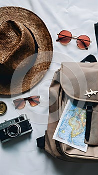 A curated selection of travel essentials, including straw hat, sunglasses, backpack, and vintage camera