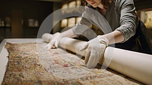 Curator Examining Ancient Scroll in Museum