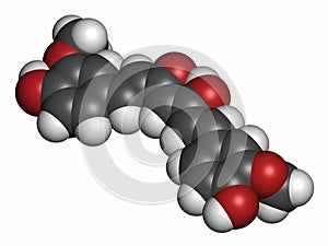 Curcumin turmeric spice molecule. 3D rendering. Atoms are represented as spheres with conventional color coding: hydrogen (white