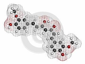 Curcumin turmeric spice molecule. Atoms are represented as spheres with conventional color coding: hydrogen (white), carbon (grey