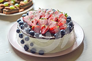 Curd cake decorated with fruit, no sugar, no flour. The concept of proper healthy diet, weight loss