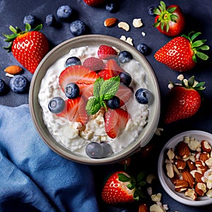 Curd cheese with fresh strawberries, blueberries, nuts and yogurt in a bowl. Healthy dairy food. Top view. Generative AI