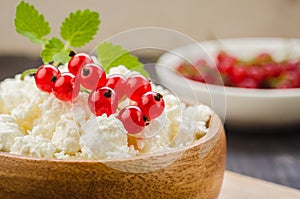 Curd cheese with red currant in a wooden plate/curd cheese with red currant in a wooden plate. Close up