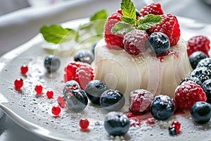 Curd dessert with cream, raspberries, and blueberries garnished with fresh mint