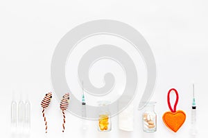 Cure tools for pet cat and dog and toys for treatment in grooming set on white background top view mock-up