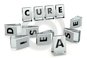 CURE word written on glossy blocks and fallen over blurry blocks with DISEASE letters. Isolated on white. Cure can beat or heal