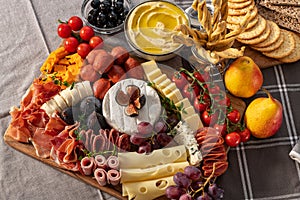 Cured cheese and meze platter rich in variety of fruits, cheese, meat and crackers