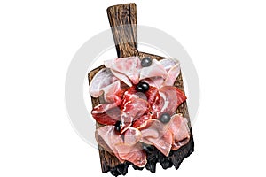 Cured meat platter of traditional Spanish tapas. Isolated on white background.