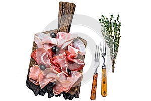 Cured meat platter of traditional Spanish tapas. Isolated on white background, Top view.