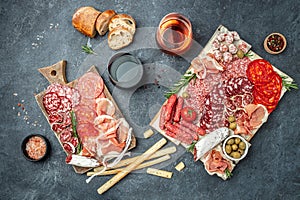 Cured meat platter. traditional Spanish tapas wine. Restaurant menu, dieting, cookbook recipe top view