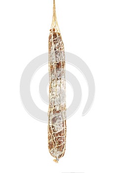Cured salami sausage isolated on white background. Italian cuisine with full depth of field photo
