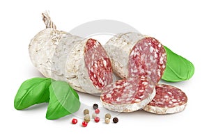Cured salami sausage isolated on white background. Italian cuisine with full depth of field photo