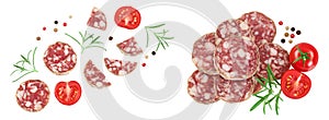 Cured salami sausage slices isolated on white background. Italian cuisine with full depth of field. Top view. Flat lay. photo