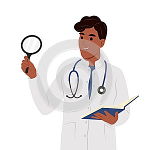 Curiosity concept. Smiling female black man with a tablet and a stethoscope, standing looking at something with a