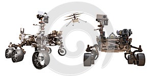 Curiosity and Perseverance mars rover,ingenuity helicopter drone isolated.Elements of this image furnished by NASA 3D illustration
