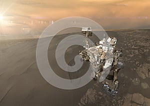 Curiosity rover exploring the surface of Mars. Retouched image.