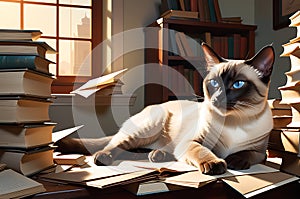 Curiosity\'s Edge: Siamese Cat Perched Precariously at the Edge of a Cluttered Desk, Surrounded by Mounds of Paper, Sleek and