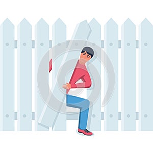 Curiosity vector illustration. A man looks through a hole in the fence.