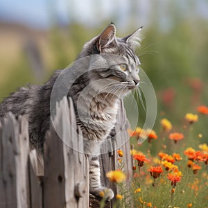 Curious American Bobtail on a Wooden Fence