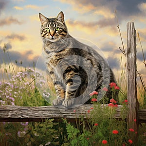 Curious American Bobtail on a Wooden Fence