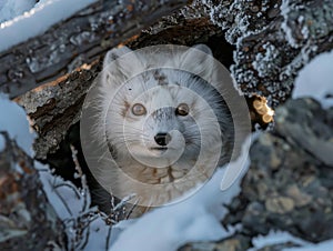Curious Arctic Fox Peeking Out from Snowy Den