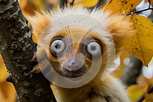 Curious Aye-Aye Lemur Close-Up Portrait with Big Eyes and Fluffy Fur