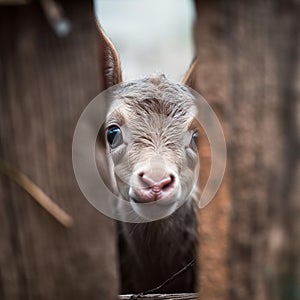 Curious Baby Goat Peeking Through Fence in Rustic Barn