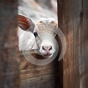 Curious Baby Goat Peeking Through Fence in Rustic Barn