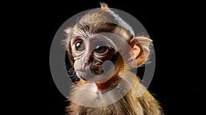 Curious Baby Monkey Gazing with Big Eyes on a Black Background. Portrait of Youthful Wildlife in a Calm Pose. Expressive