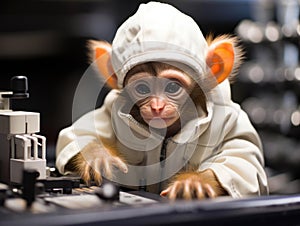 Baby monkey scientist examines microscope