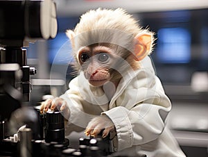 Baby monkey scientist examines microscope