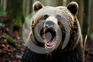 Curious bear with wide open eyes and a stretched mouth depicting an astonished expression