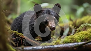 Curious Black Bear Cub Explores Forest Floor at Dawn