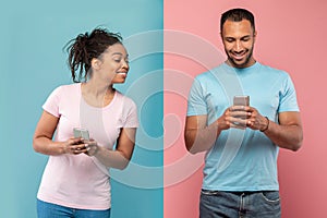 Curious black woman looking and peeking at her boyfriend's smartphone, posing over pink and blue background