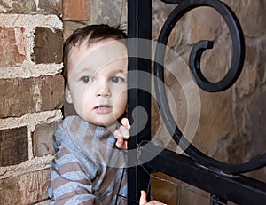 Curious Boy Sneaking out of Gate to House