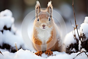 Curious brown squirrel in a snow-covered winter forest. Winter landscape.