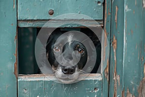 Curious Canine Peering Through a Wooden Hatch