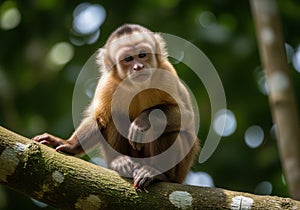 Curious capuchin monkey perched on a tree branch in a lush forest
