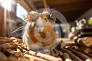 Curious Caramel Guinea Pig Peeking from Vintage Wood Crate in Sunlit Room photo