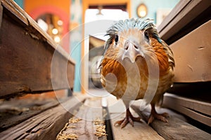 Curious Caramel Guinea Pig Peeking from Vintage Wood Crate in Sunlit Room photo