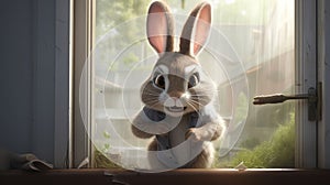 Curious Cartoon Rabbit Peeking Through a Window on a Sunny Day