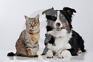 Curious cat and Border Collie dog pose together, exuding charm and friendliness photo