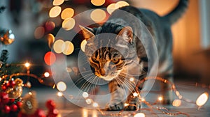 Adorable Tabby Cat Exploring Christmas Lights
