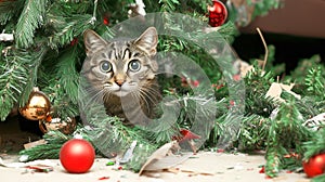Curious cat exploring Christmas tree decorations and ornaments